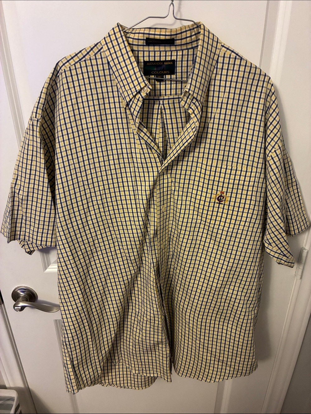 Alexander Julian Yellow and Blue Checked Short-Sleeve Button-Up Shirt
